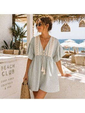 Gigio USA Crochet Lace Babydoll Dress M Boho Stripe Mini Flutter Sleeve Summer